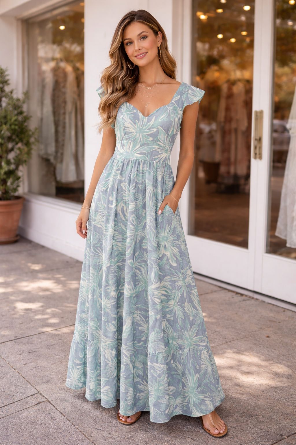 VESTIDO EMMA VERDE AGUA Y GRIS SUAVE